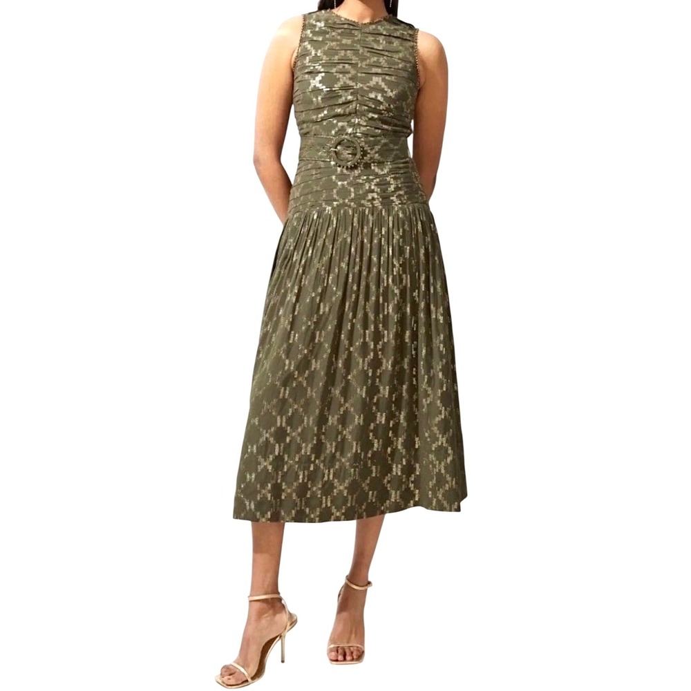 NEW Karen Millen Shimmer Beaded Midaxi Dress Womens Size 12Tall Green Elegant